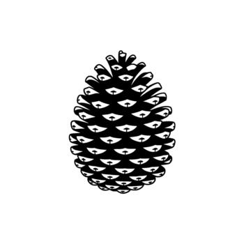 A bold silhouette of a detailed pine cone with overlapping scales rendered in solid vector