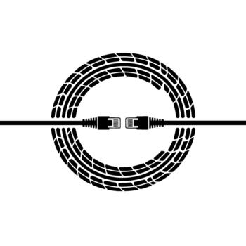un minimalista ilustración de dos ethernet red cables conectando dentro un estilizado circular neumático huella modelo vector