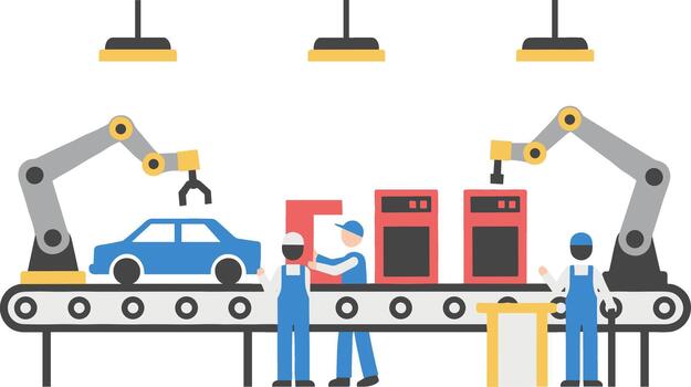 Automated car manufacturing assembly line with robotic arms and workers. vector