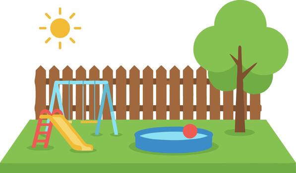 Kids backyard playground with a swing set slide and inflatable pool. vector