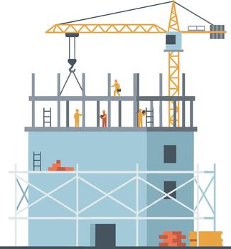 Construction site with a tower crane building a multi-story structure. vector