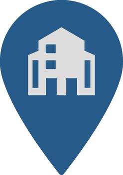 azul mapa alfiler icono con un blanco edificio símbolo para ubicación. vector