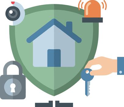 Home security system concept with shield camera and alarm icons. vector
