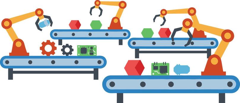 Industrial robotic arms working on multiple automated conveyor belts in a factory setting. vector