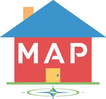 House icon with MAP text and compass for navigation and location services. vector