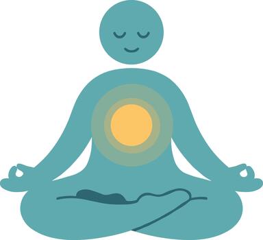 Serene blue figure meditating in lotus pose with glowing inner light. vector