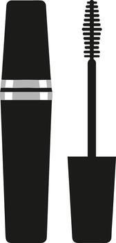 Black mascara tube with an open applicator wand isolated on a white background. vector