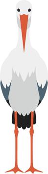 Cute white stork character standing and looking forward on a white background. vector