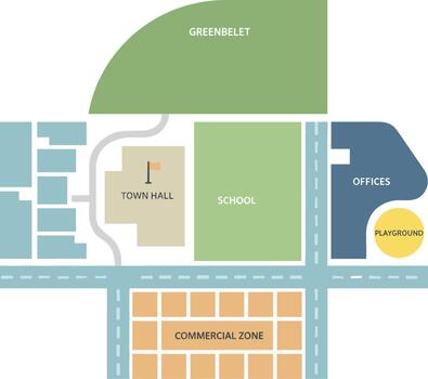 Schematic map of a town layout with designated public and commercial zones. vector