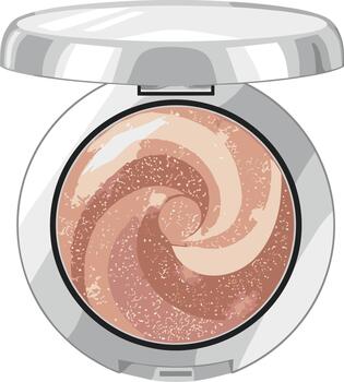 Shimmering swirl highlighter powder in an open silver compact case. vector