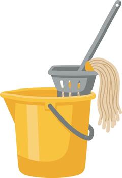 Yellow mop bucket with wringer and string mop for cleaning floors. vector