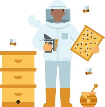 Beekeeper in a protective suit holding a honeycomb frame. vector