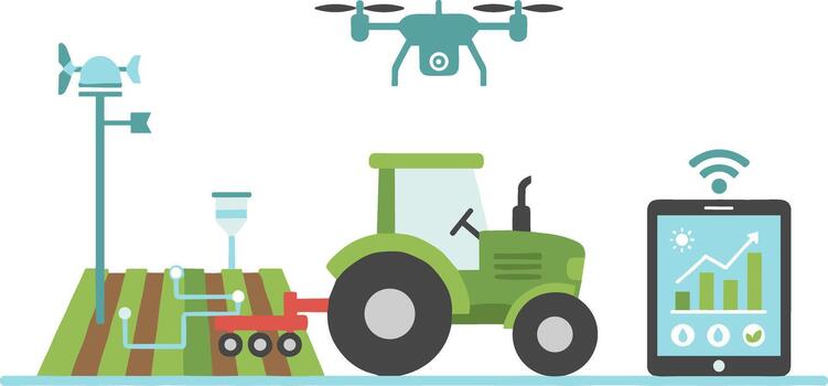 Smart farming concept with drone tractor and sensors for modern agriculture. vector