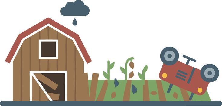 Cartoon illustration of a farm in crisis with an overturned tractor and failing crops. vector