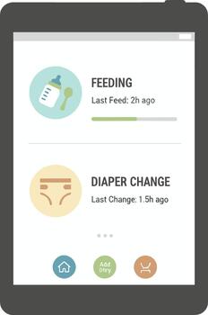 Tablet screen displaying a baby activity tracker mobile application. vector