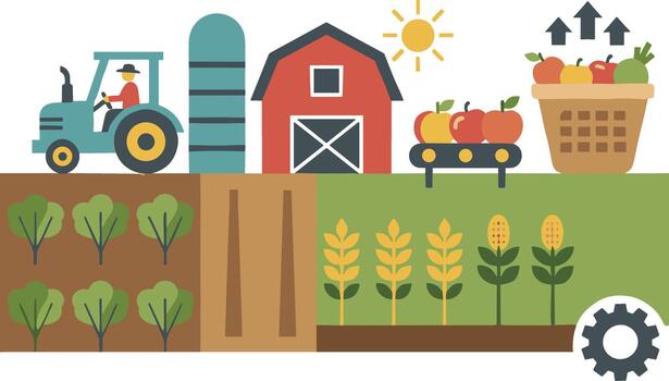 Agricultural process concept with tractor barn and crop fields. vector