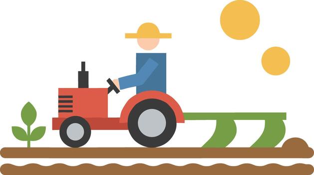 Farmer driving a red tractor with a plow in a field. vector