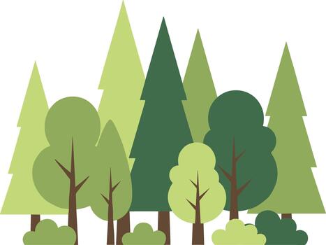 Stylized flat design illustration of a green forest with various trees. vector