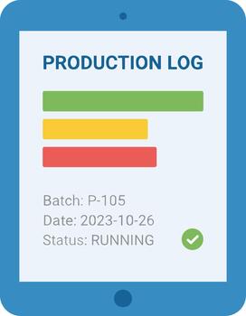 Digital tablet displaying a production log with status bars and batch information. vector