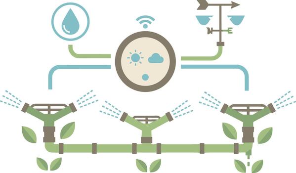 inteligente irrigación sistema con automatizado aspersores y clima sensores vector