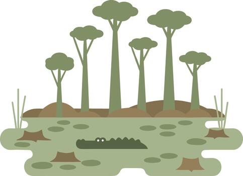 Alligator lurking in a murky swamp with tall trees. vector