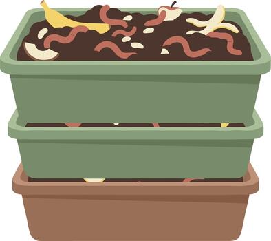 Stacked worm composting bin with earthworms and organic waste. vector