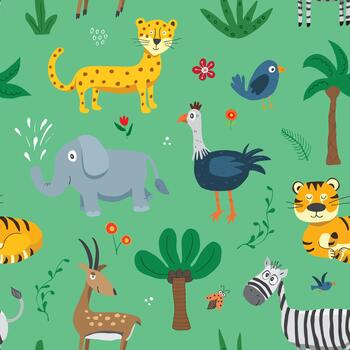Whimsical African animals in a tropical repeating pattern vector
