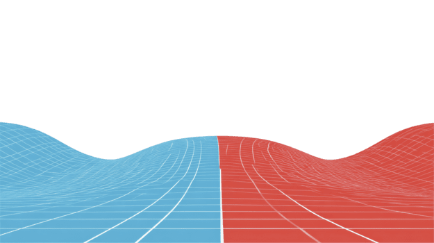 azul e vermelho ondulado rede superfície dividido dentro meio, abstrato digital panorama com futurista tecnologia e dados visualização conceito, moderno 3d fundo png