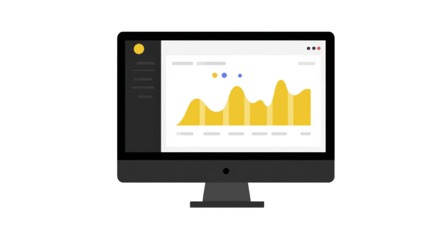 moderno computador monitor exibindo amarelo dados analytics gráfico, digital painel de controle interface, o negócio relatório, tecnologia conceito, limpar \ limpo projeto, isolado em transparência fundo png