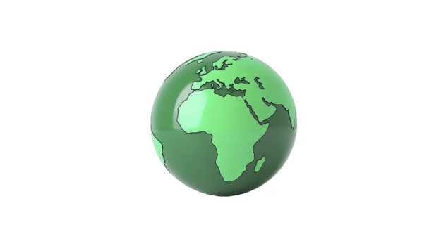 Green globe with simplified continents, shiny surface, and minimalistic style, representing environmental awareness, sustainability, and global unity, isolated on transparent background png
