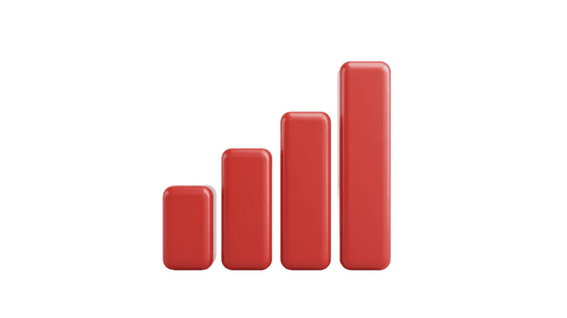 Red 3D bar graph four vertical columns isolated on transparent background symbolizing growth progress success business finance and positive trend png