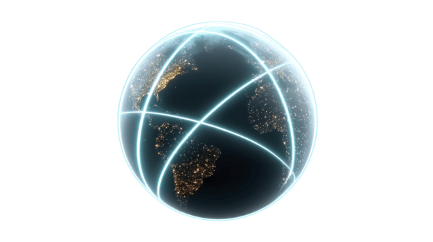 brilhando digital globo com iluminado rede linhas e cidade luzes, representando global conectividade, tecnologia, e comunicação através continentes dentro futurista estilo png