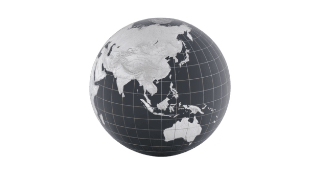 White and gray globe showing Asia, Australia, and surrounding regions with grid lines, isolated on transparent background, modern minimal style, educational and geographic concept png
