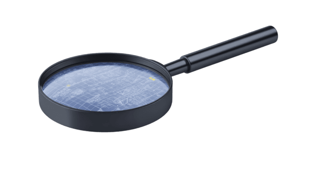 förstorande glas med svart hantera fokusera på blå teknisk plan, symboliserar analys, inspektion, och upptäckt i teknik eller arkitektonisk design, isolerat på genomskinlighet bakgrund png