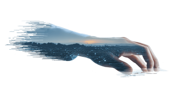 mão tecnologia digital panorama Duplo exposição futurista inovação criativo azul abstrato mão com digital panorama sobreposição simboliza inovação e criatividade futurista tecnológica png