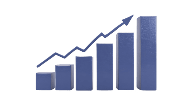 Blue bar graph with upward arrow, showing growth, success, and positive trend in business or finance, isolated on transparency background, symbolizing progress and achievement png