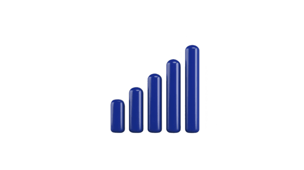Blue 3D bar graph icon with five vertical bars increasing in height, symbolizing growth, progress, or signal strength, isolated on transparent background, modern and minimal style png