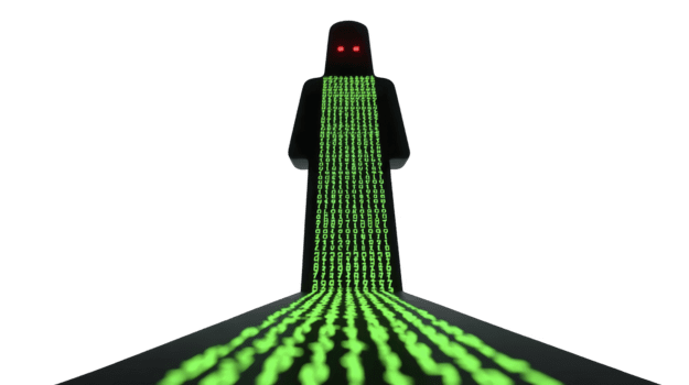 silhouette figure avec embrasé rouge yeux des stands plus de numérique courant de vert binaire code, évoquant mystérieux, futuriste, et légèrement de mauvais augure atmosphère png