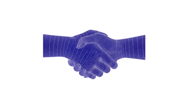Digital handshake wireframe hand technology agreement partnership futuristic blue 3D render business connection trust innovation collaboration virtual communication teamwork unity abstract modern png
