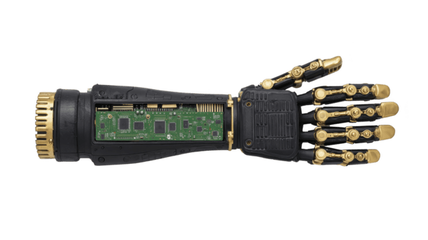 robotica mano nero e oro esposto circuito tavola artificiale arto futuristico tecnologia innovazione protesico dispositivo meccanico dita isolato su trasparenza sfondo png