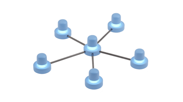 Centralized network diagram with six blue 3D nodes connected to central hub, representing communication, teamwork, and digital connection in modern, minimal style png