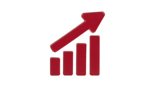 Red upward arrow and bar graph icon, symbolizing growth, success, progress, and positive business trend, isolated on transparency background, conveying motivation and achievement png