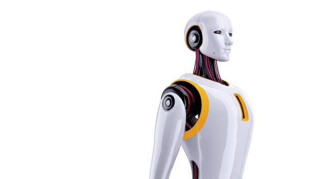 futurista humanoide robot con blanco y amarillo cuerpo, expuesto mecánico articulaciones, y neutral expresión, aislado en transparente fondo, representando avanzado artificial inteligencia png