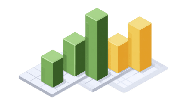 3D bar chart green and yellow columns isometric style data visualization business growth financial analysis modern infographic isolated on transparency background png