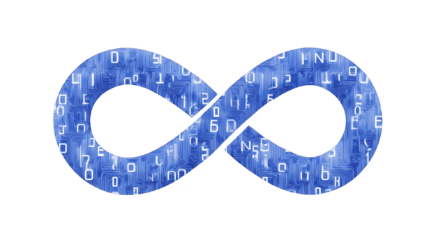 infinito símbolo con digital circuito patrón, azul color, y binario código en transparencia fondo, representando tecnología, interminable posibilidades, y futurista innovación png