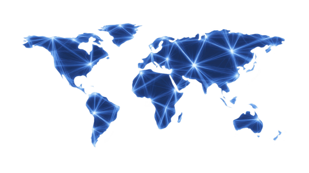 digitale mondo carta geografica, blu raggiante Linee Collegare continenti, che rappresentano globale Rete, tecnologia, comunicazione, e dati trasferimento, la creazione di futuristico e dinamico atmosfera png