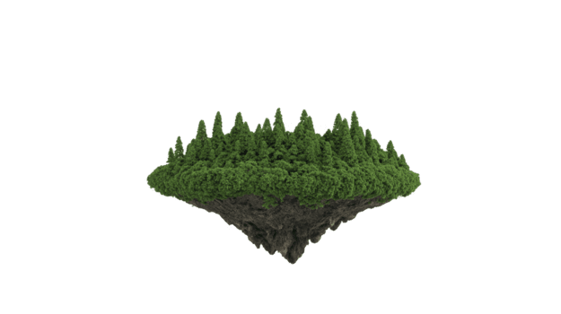 Floating island with dense green pine tree forest, isolated on transparency background, evokes sense of fantasy and tranquility, perfect for imaginative or nature themed concepts png