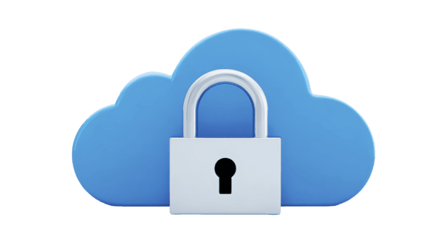 wolk veiligheid concept met blauw wolk icoon en zilver hangslot, symboliseert gegevens bescherming, privacy, en beveiligen online opslagruimte voor digitaal informatie en bestanden png