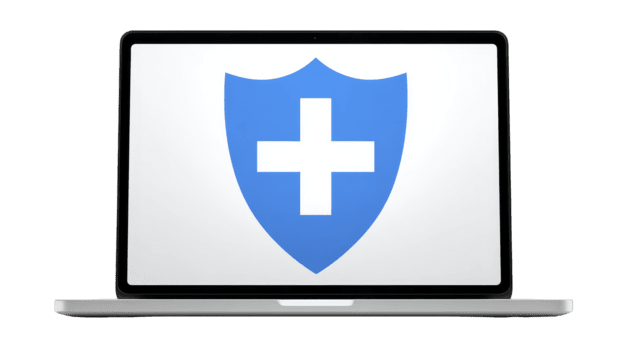 laptop met blauw schild en wit kruis symbool Aan scherm, vertegenwoordigen cyberbeveiliging, gegevens bescherming, en beveiligen online toegang voor veilig internet gebruik en digitaal privacy png