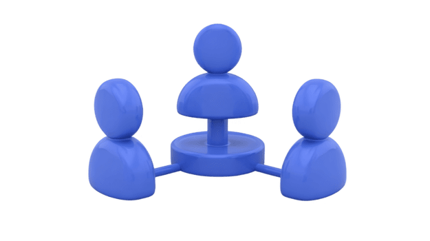 Three blue abstract human figures connected in circle, symbolizing teamwork, communication, and collaboration, isolated on transparency background, conveying unity and cooperation png